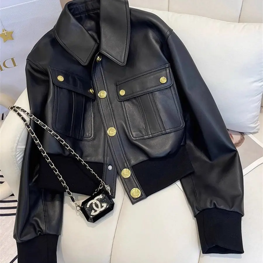 Small Fragrant Style Design sense Black Lapel PU leather Jacket Short Coat Women's 2026 Spring Autumn Motorcycle Jackets Top