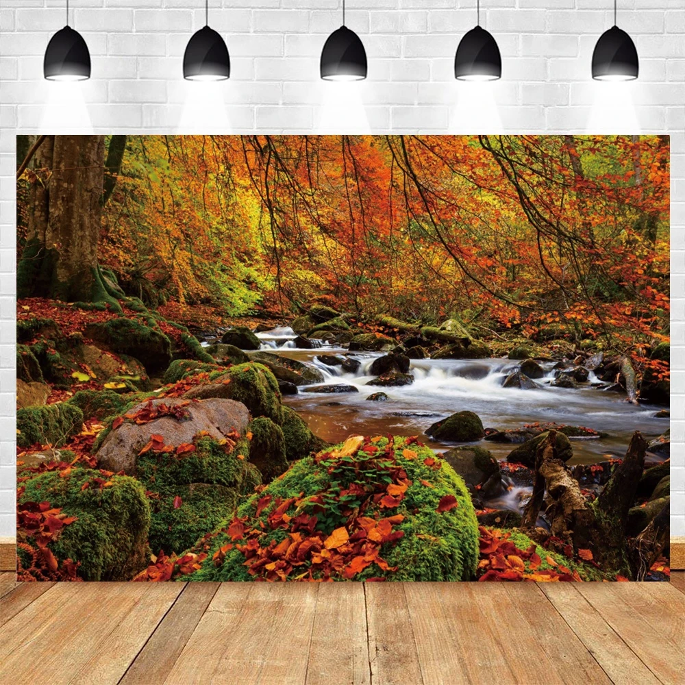 Autumn Nature Scenery Backdrop Mountain River Maple Forest Birthday Party Photography Background Wall Decor Photo Studio Props