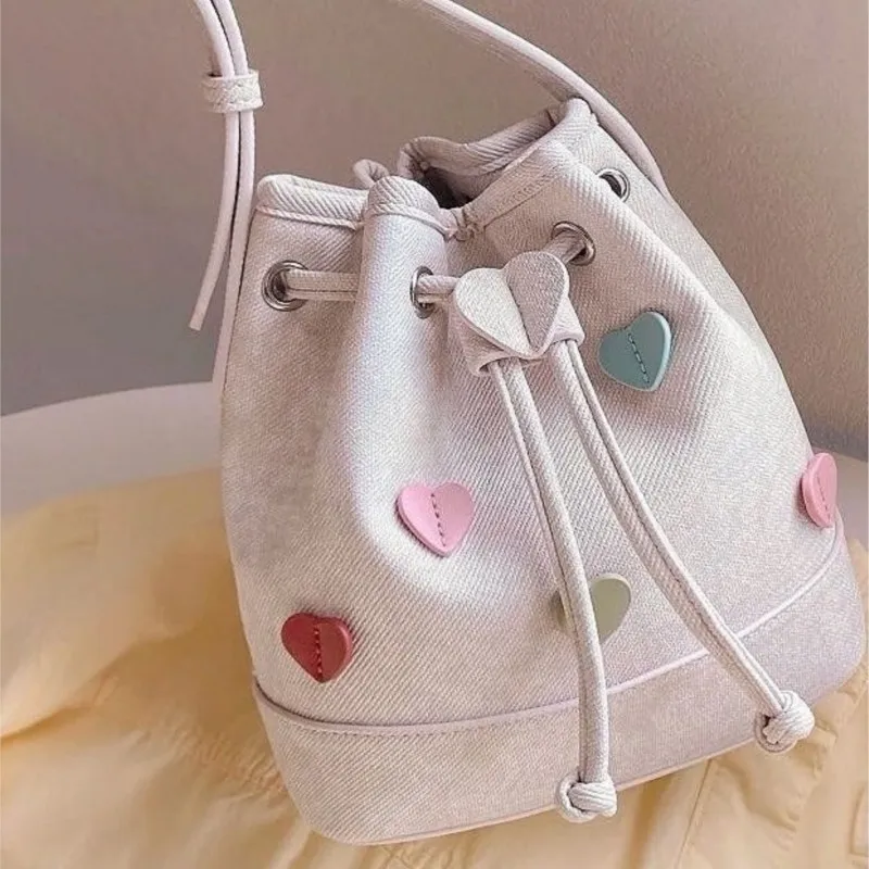 

JIAERDI Heart Drawstring Beige Bucket Bag Women Versatile Korean Style Handheld Shoulder Bag Ladies Lightweight Crossbody Purse