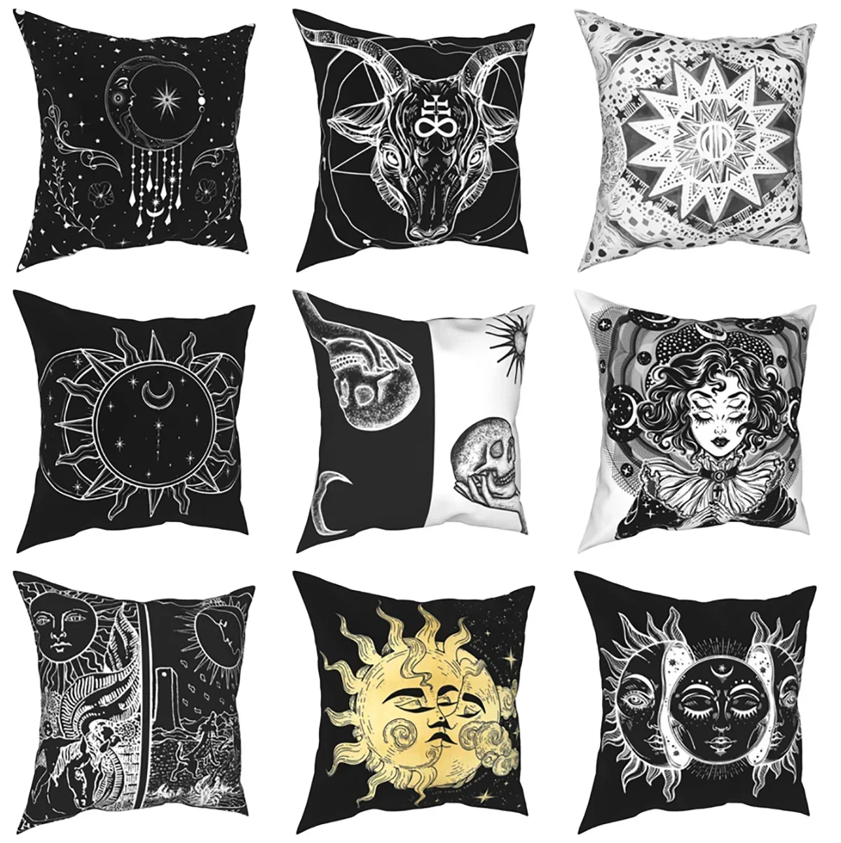 Zodiac Tarot Cushion Cover Funny Decor Pillowcase Black White Sun Moon Square Pillowcase Home Retro Star Mandala