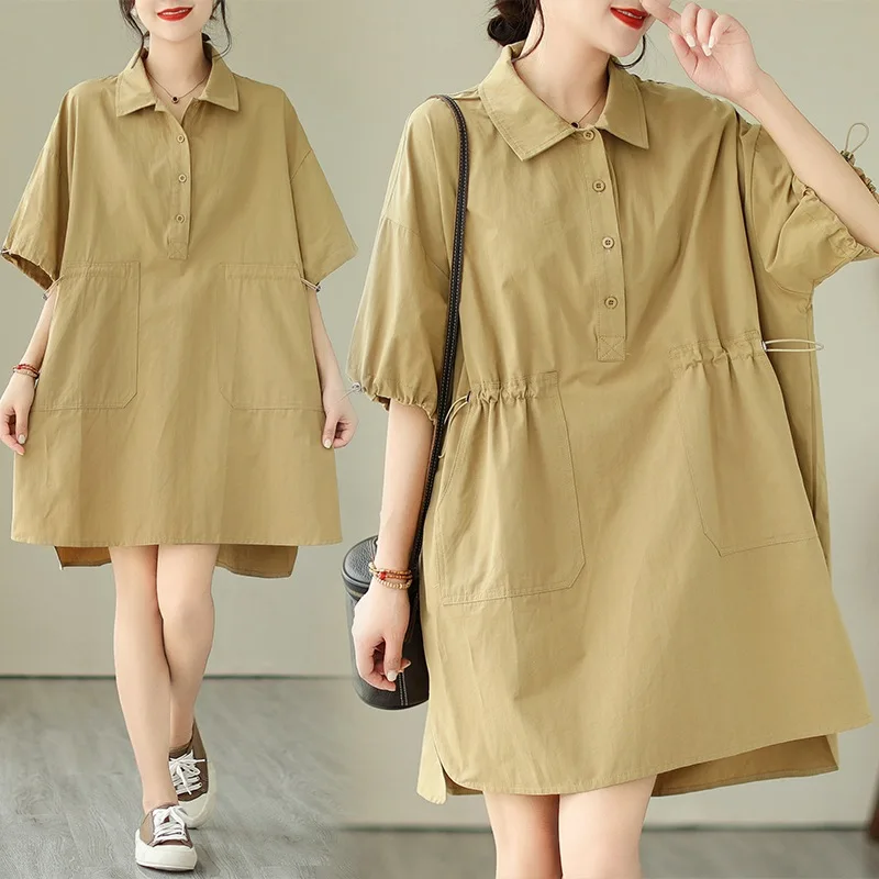 2024 New Summer Bubble Sleeves Short Front and Long Back Loose Large Workwear Dress One Large Size  Fit for Fat Women Female Lad