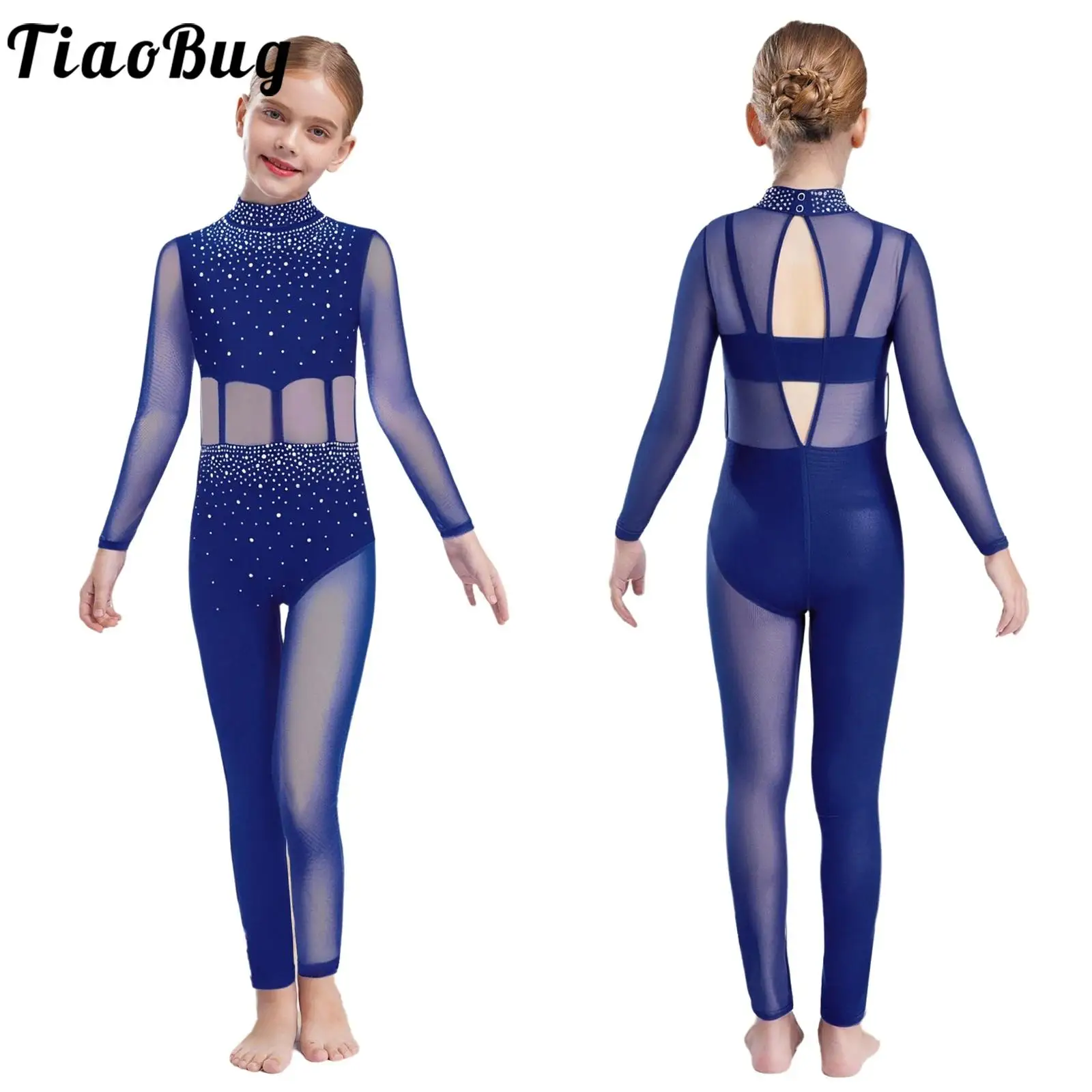 

Kids Girls Gymnastics Leotards Ballet Jumpsuit Long Sleeves Mesh Rhinestones Full Bodysuit Figure Skating Performance Costumes
