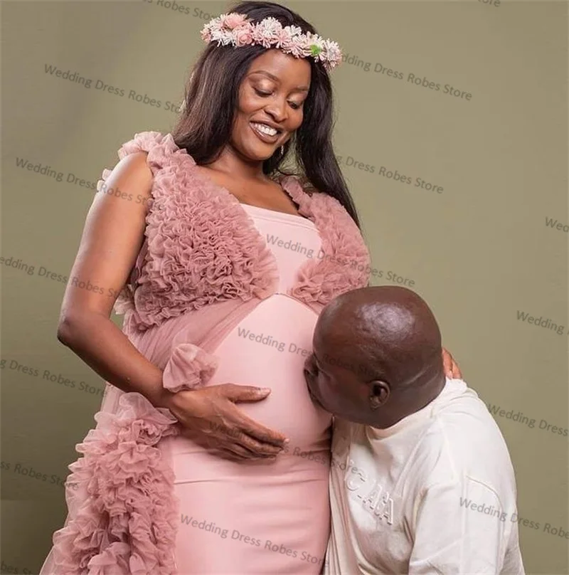 Dusty Pink Tulle Women Maternity Dresses Photo Shoot Robe Off Shoulder Ruffles Mesh Pregnant Sleepwear Custom Made Prom Dress