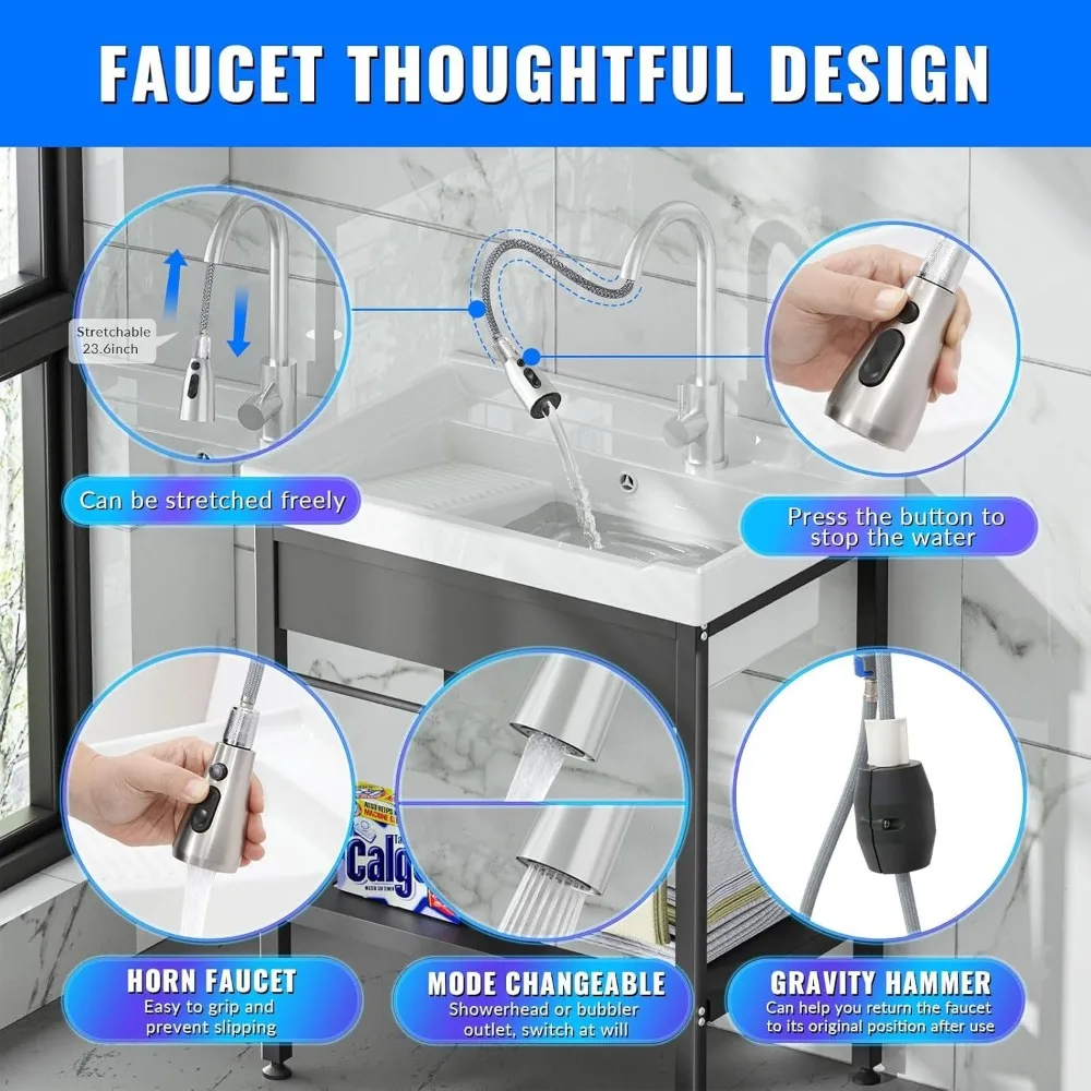 حوض سيراميك مقاس 28 × 19 × 34.3 مع مجموعة لوح غسيل، قائم بذاته، صنبور مياه بارد وساخن، يتضمن خراطيم، حوض غرفة الغسيل S #3