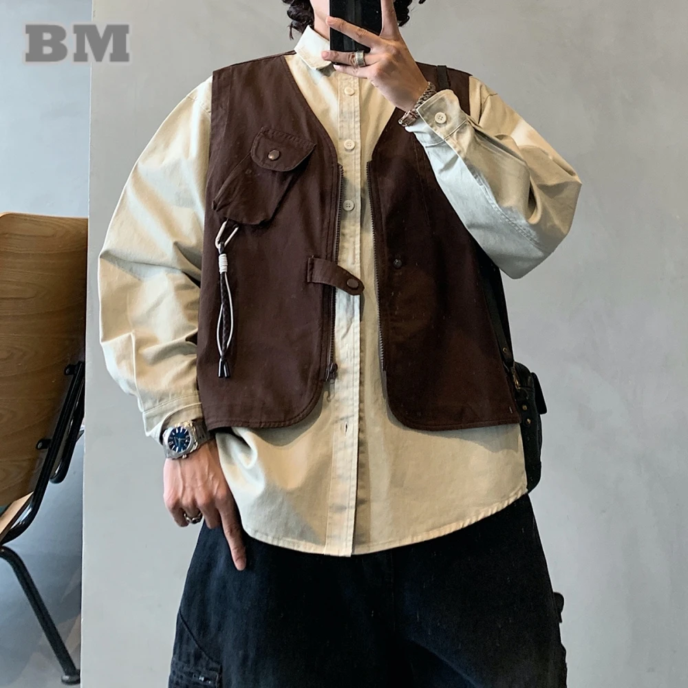 

Мужская японская винтажная рубашка из двух предметов в стиле хип-хоп, американская рабочая одежда, свободная посадка с длинным рукавом, повседневная модная универсальная осень