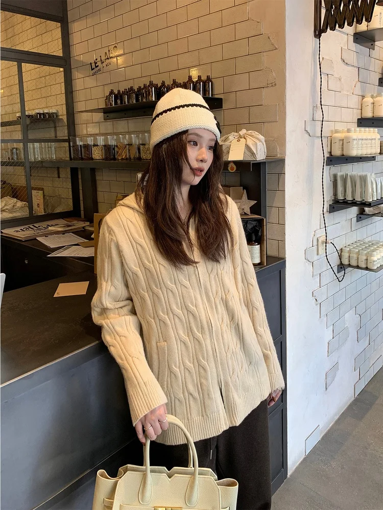 

plus Size Women's Knitted Sweater with Double Zipper And Hood Korean Sle Loose Fit Long Sve Color Winter Top