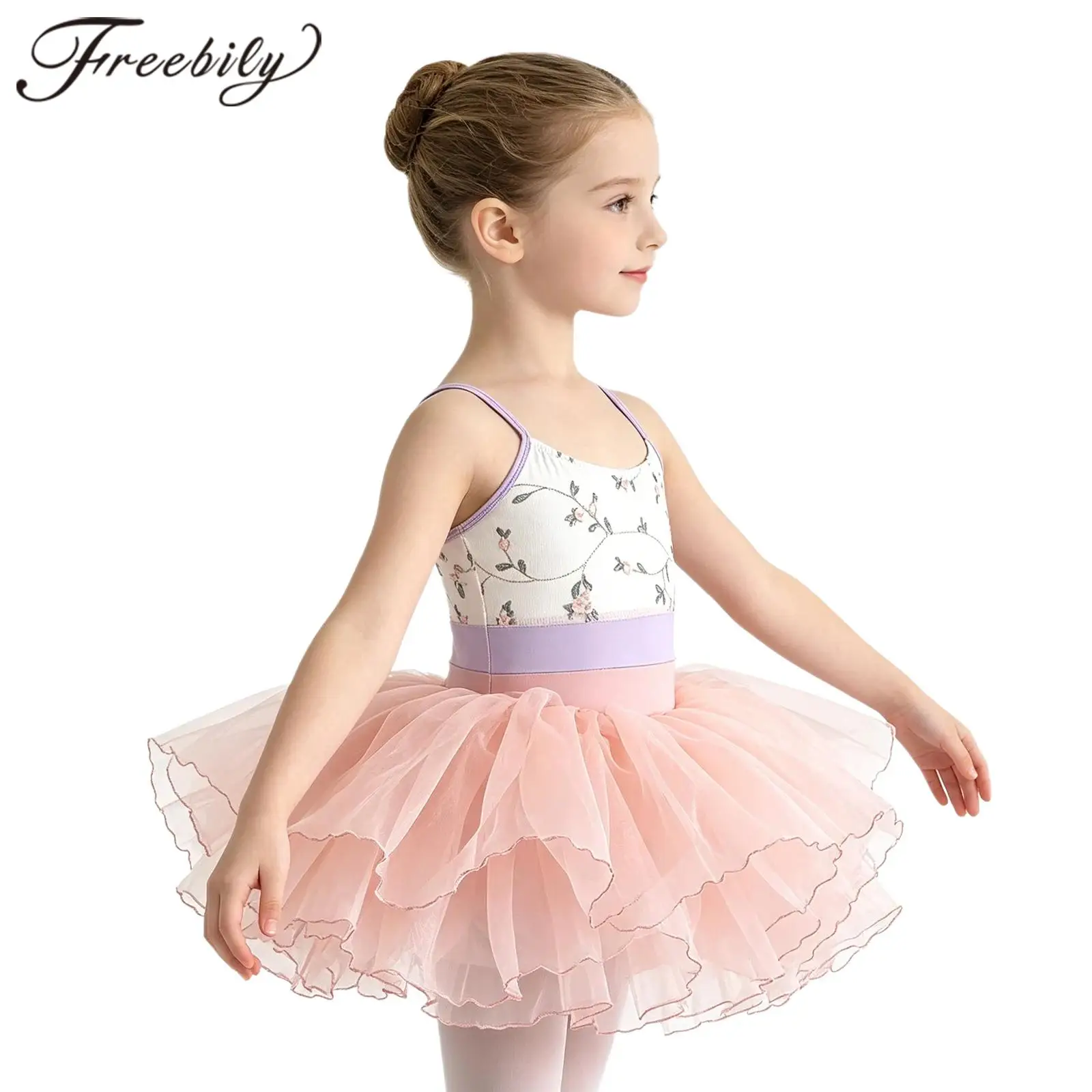 Girls Ballerina Dance Outfit Kids Floral Spaghetti Straps Leotard with Layered Skirt for Practice Exam Performance Clothes