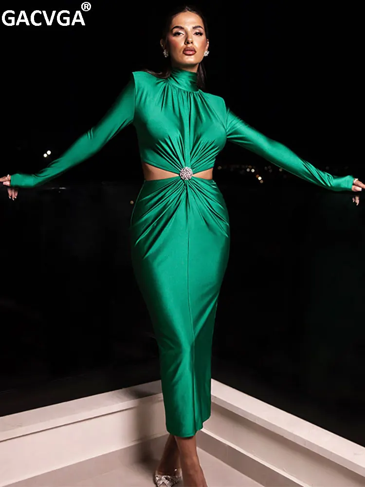 GACVGA golf eleganckie sukienki damskie na co dzień wiosna jesień Ruched Slim Fashion seksowna obcisła klubowa długa sukienka na imprezę