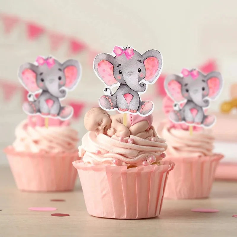 Creative Gender Reveal Printing Blue Pink Elephant Cake Cupcake Decoration Insert Card Baby Birthday Party Theme