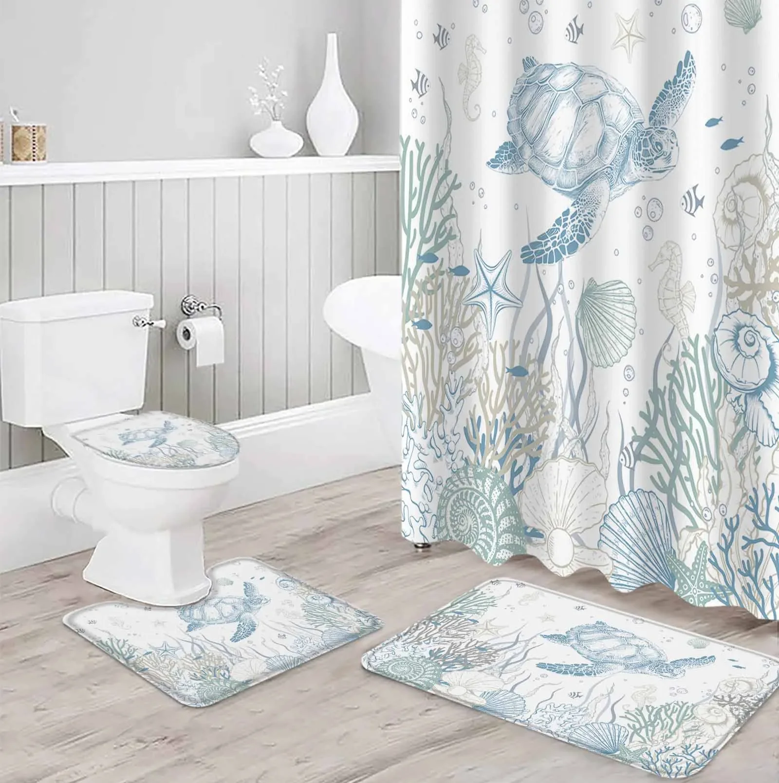 Summer Blue Green Marine Polyester Printed Shower Curtain Bathroom Set Luxury Curtain Abstract 4-piece Set Coral Velvet Foot Mat