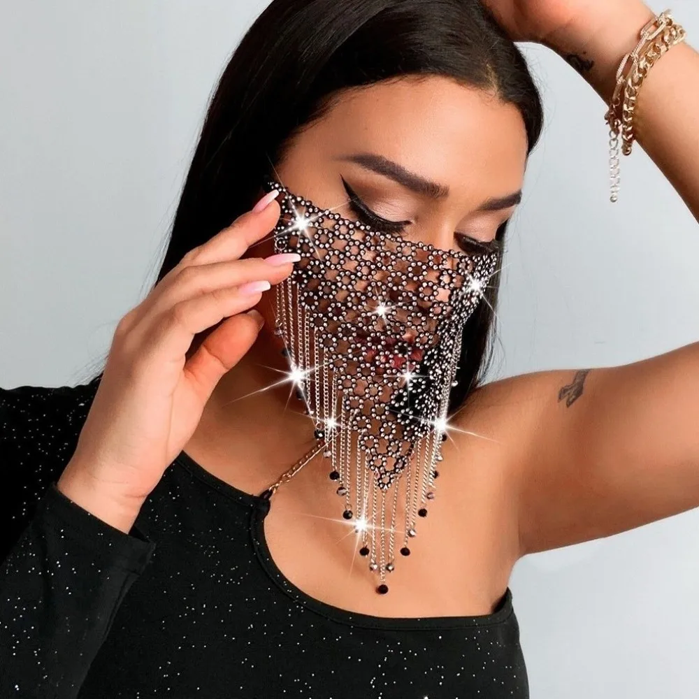 

Fashion Fishing Net Rhinestone Mask Tassel Shining Face Cover Bling Hollow Masquerade Mask Nightclub