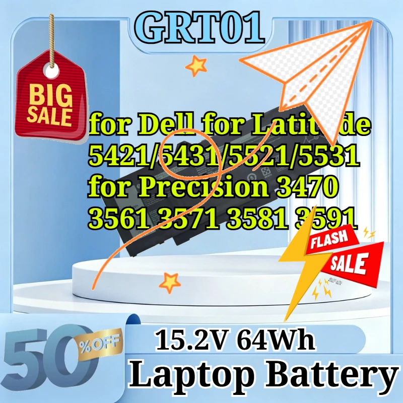 New GRT01 Laptop Battery 15.2V 64Wh Compatible for Dell for Latitude 5421/5431/5521/5531 for Precision 3470 3561 3571 3581 3591