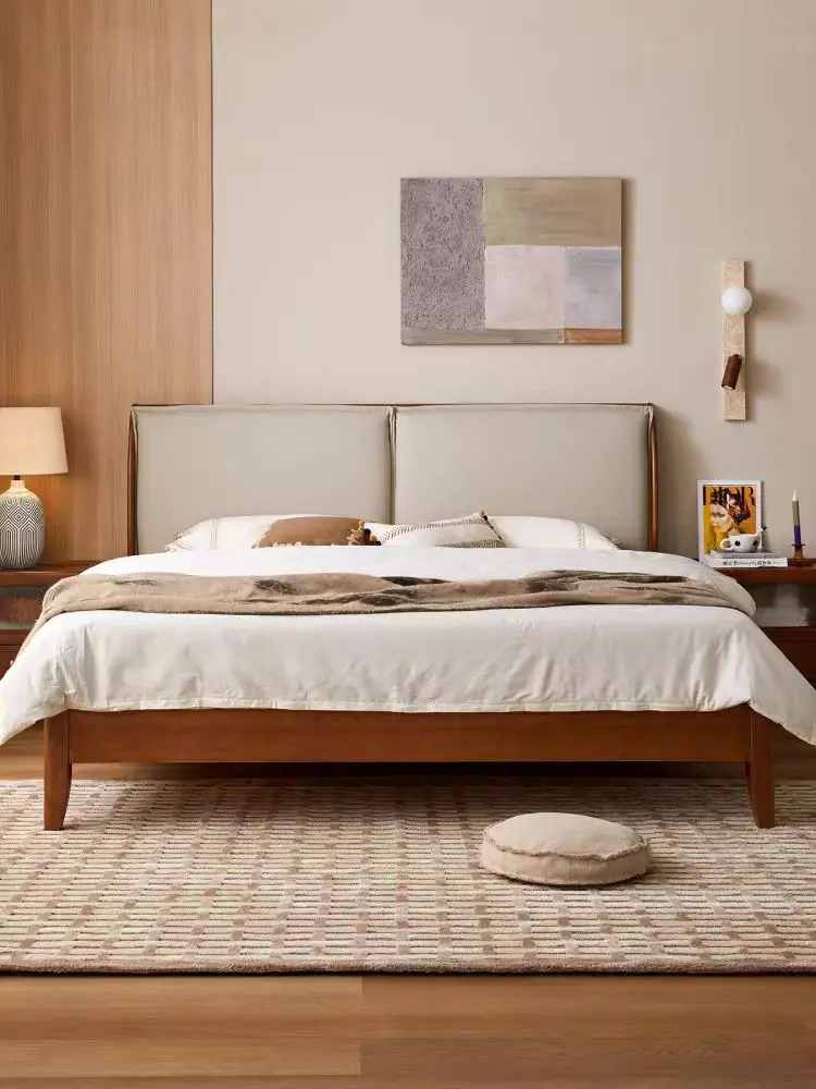 %&Hotel Storage Wooden Modern Home Furniture Simple North European Solid Wood Bed With Soft Bag Pillow High Grade Hardwood Bed