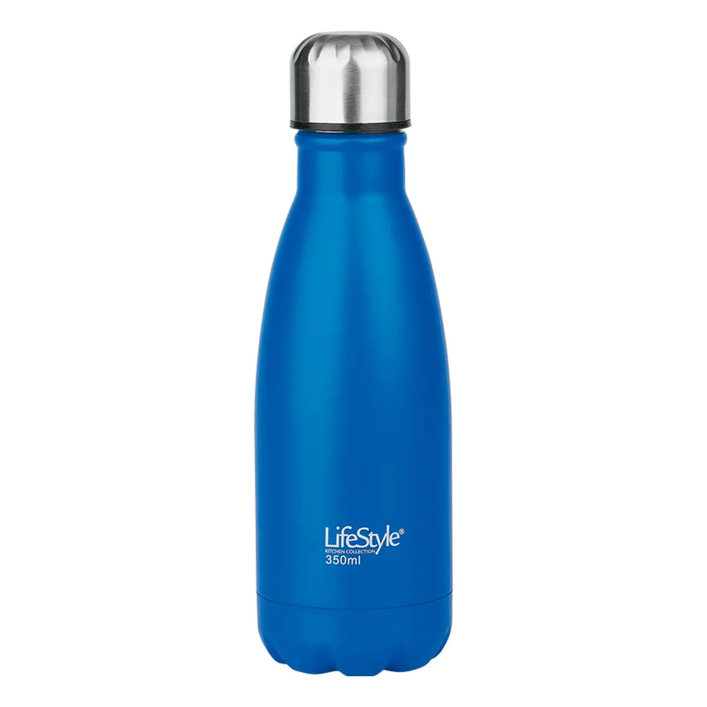 Thermos bottle with 350 ml capacity of blue color and 23 cm high. Beverage thermos with 350 ml capacity and 23 cm high