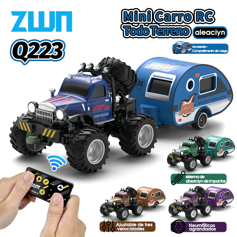 Q222 Q223 1:64 Mini camión RC con remolque, aleación reguladora de monstruos, coches modelo de Control remoto todo terreno, juguetes para niños, regalo