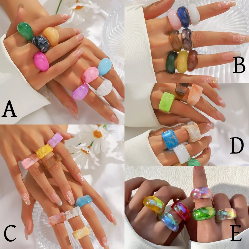 8Pieces/set Fashion Colorful Glossy Transparent Resin Rings For Women Men Mix Style Simple Personality Jewelry Party Gifts