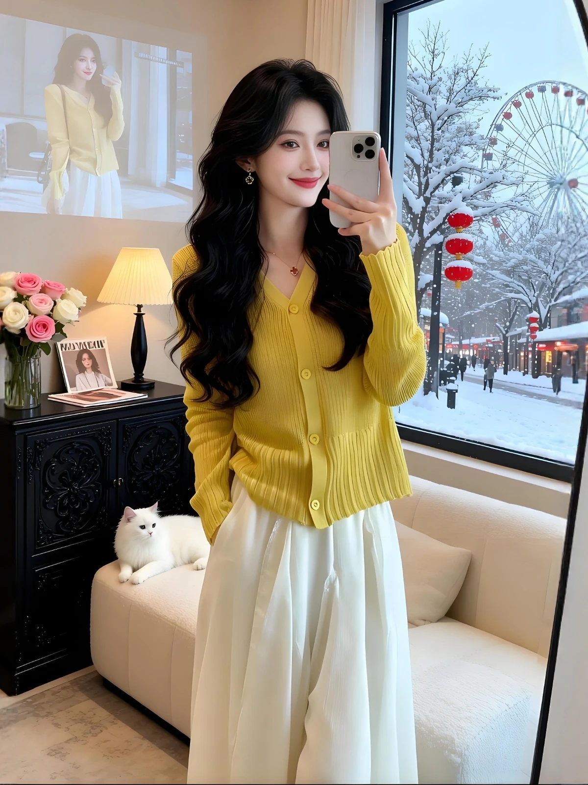

Unique Knitted Yellow Outerwear for Women Spring 2026 Fashionable French Style Long Sleeve Regular Length Button up Cardigan