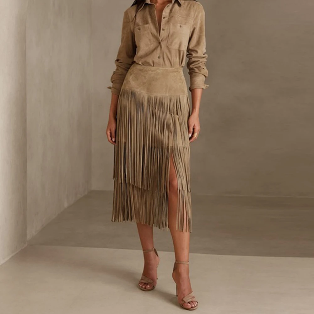 Retro Fringe Skirt Women's 2026 American Style Unique Early Spring Wasteland Style Fashion High Waist Layered Chic A-line Skirt