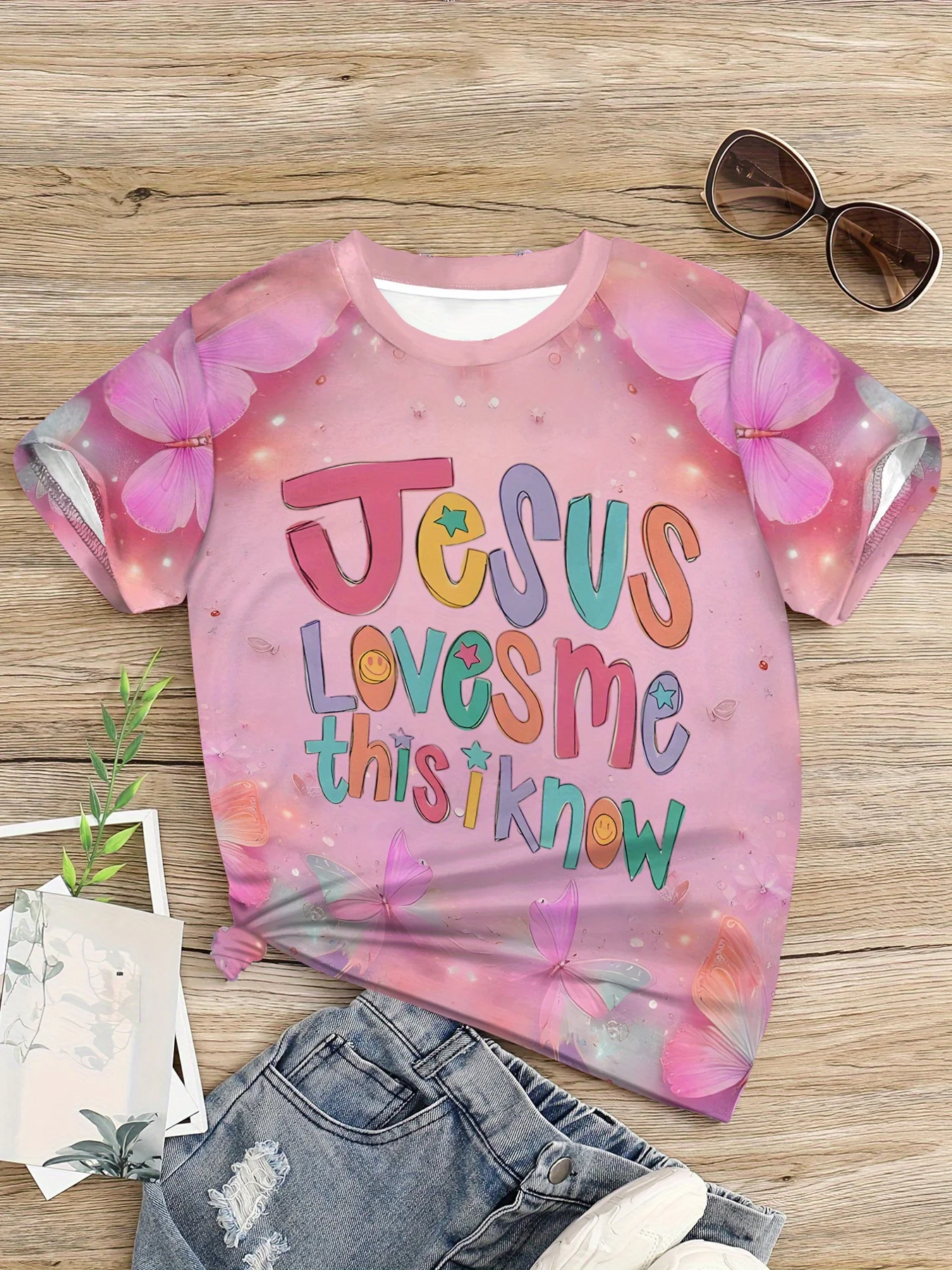 Jesus Loves Me Letter Print Girls T-Shirt, Pink Glitter Butterfly Crew Neck Short Sleeve Toddler Casual Top