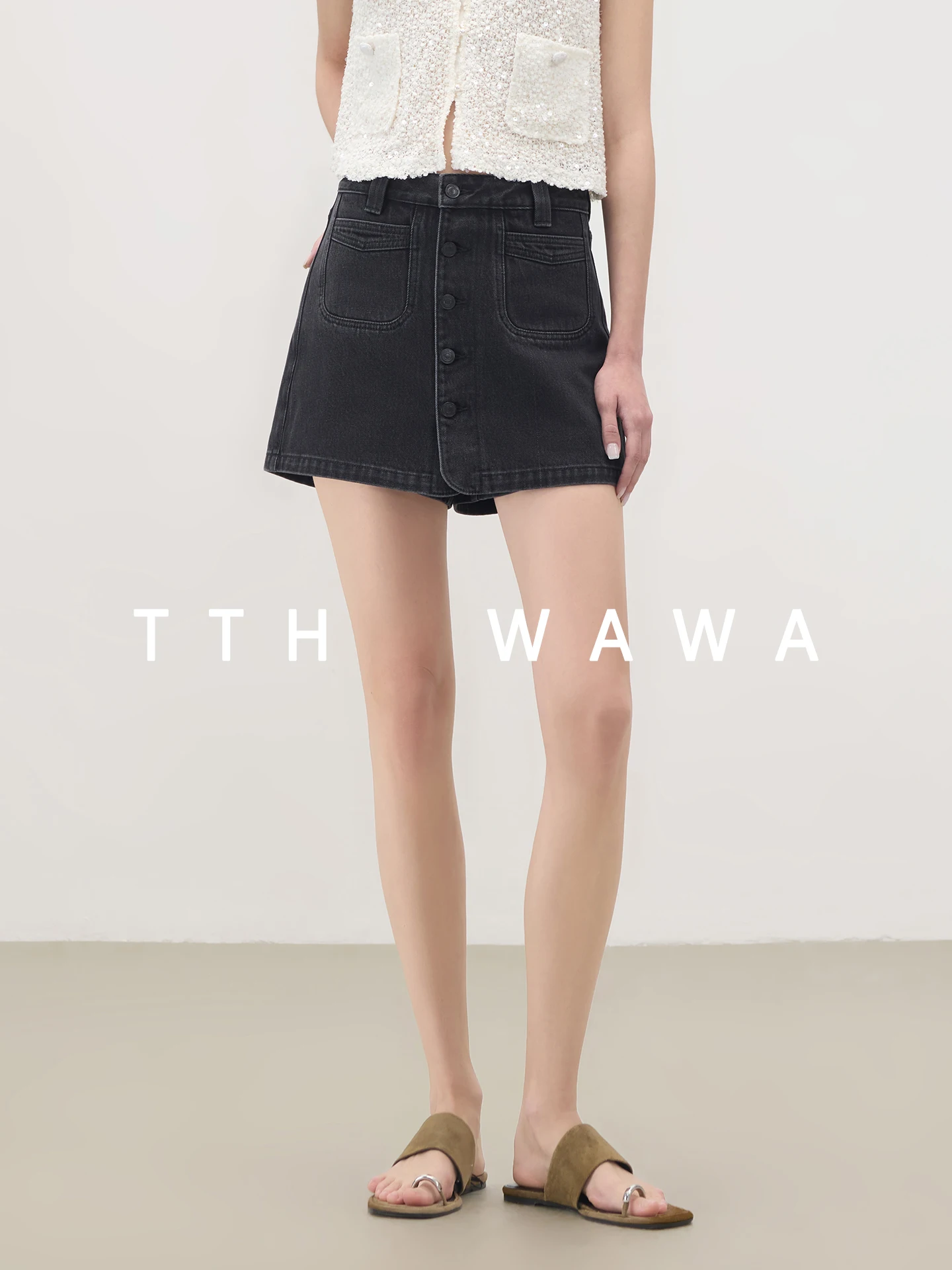 

TTH WAWA High Waist A-Line Skirt Women's Denim ort Skirt Bla Button Detail Spring 2026 New Sle Slimming Effect