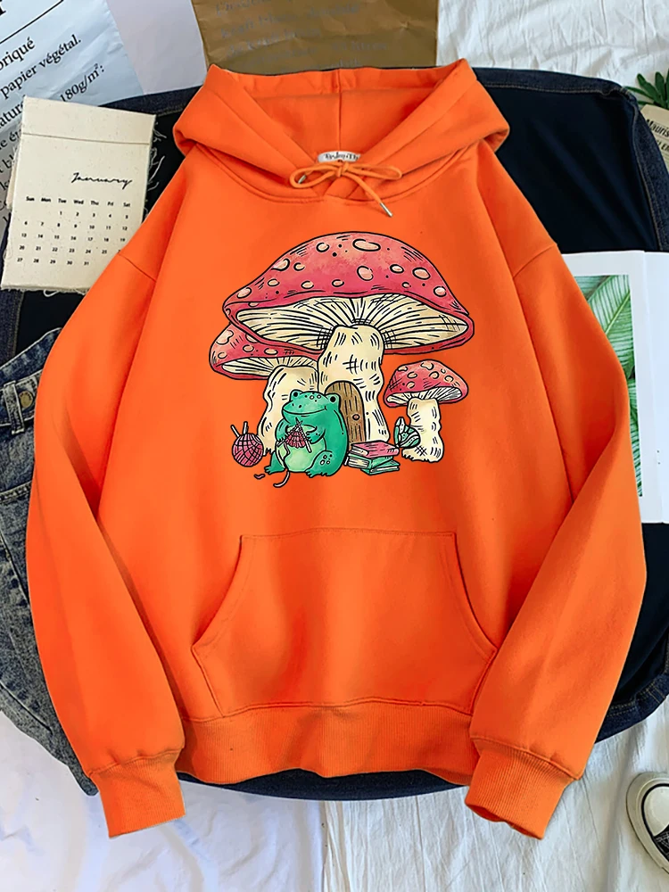 Cottagecore Ästhetischen Frosch Stricken Pilz Haus Drucken Weibliche Harajuku Pelz-Liner Pullover Fashion Hoodies Vintage Frau Tops