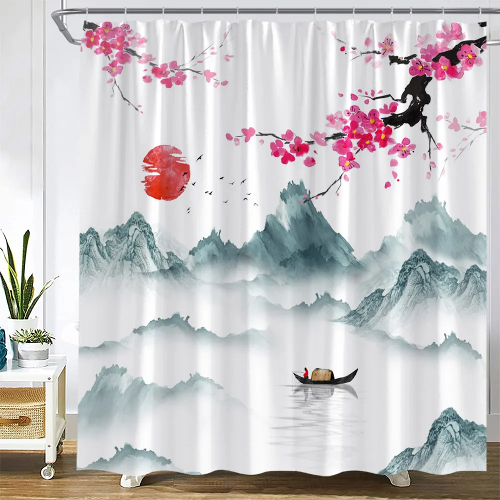 Japanese Landscape Shower Curtain Pink Flowers Tree Mountain Lake Pavilion Ink Art Bath Curtains Polyester Fabric Bathroom Decor