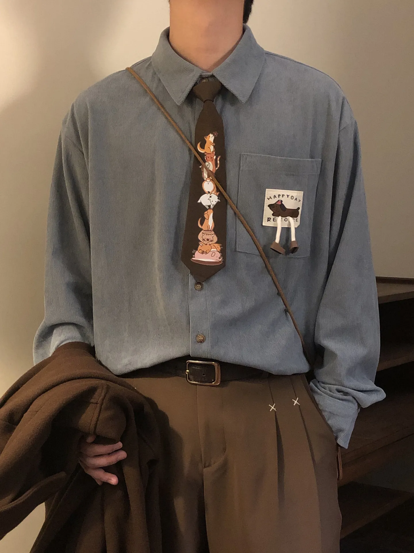 

Retro American Design Corduroy Long Sve Loose Fit Men's irt with Animal Tie Spring Autumn Faion Casual lin irt