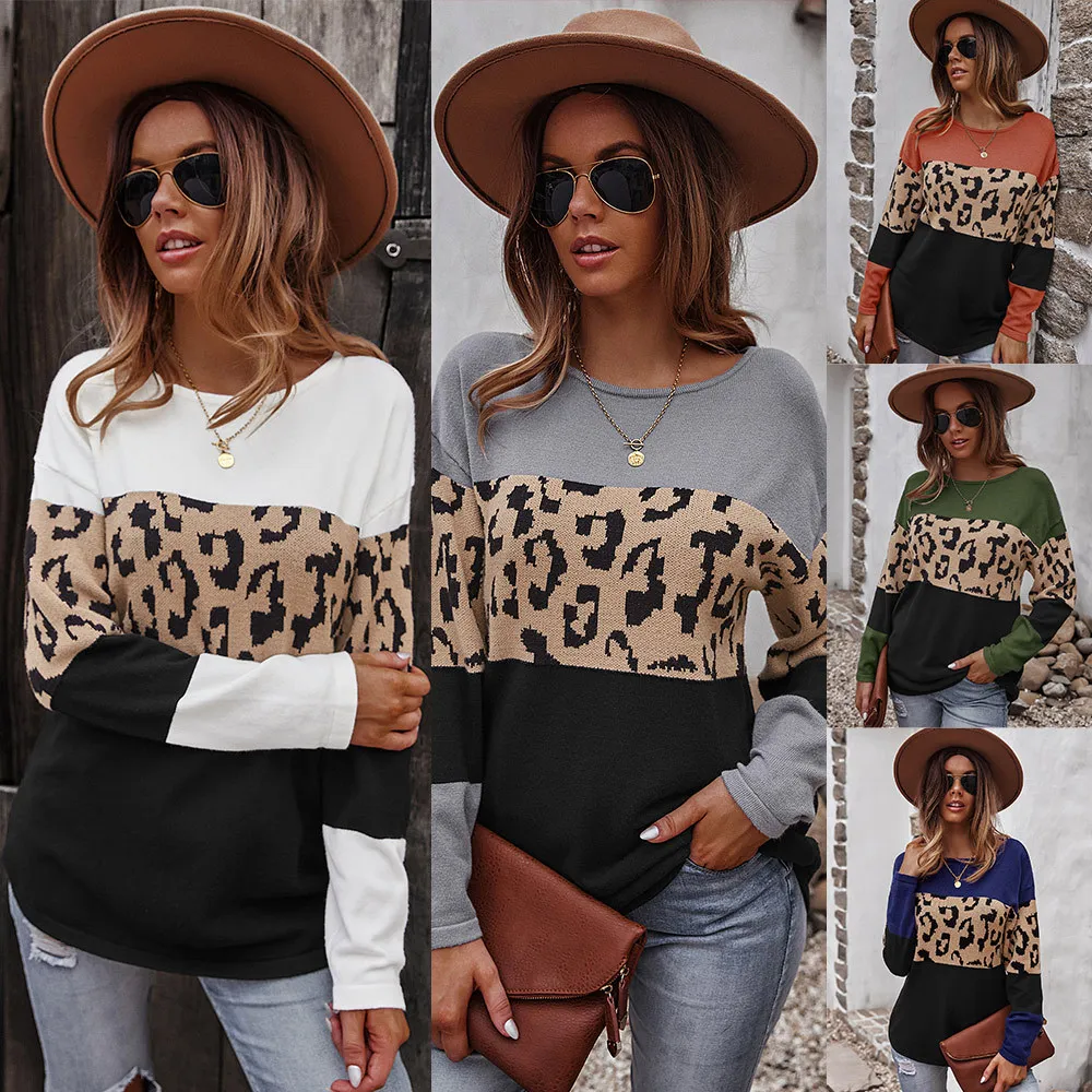 

Leopard Print Spliced Sweater 2021 Autumn And Winter Long-sleeved Soft Warm Top