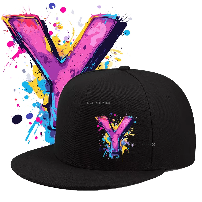 2D Flat - A Vibrant Multi-Colored Letter Y Graffiti Design for Spring And Summer, This Outdoor Fashion Casual Flat Brim Baseball