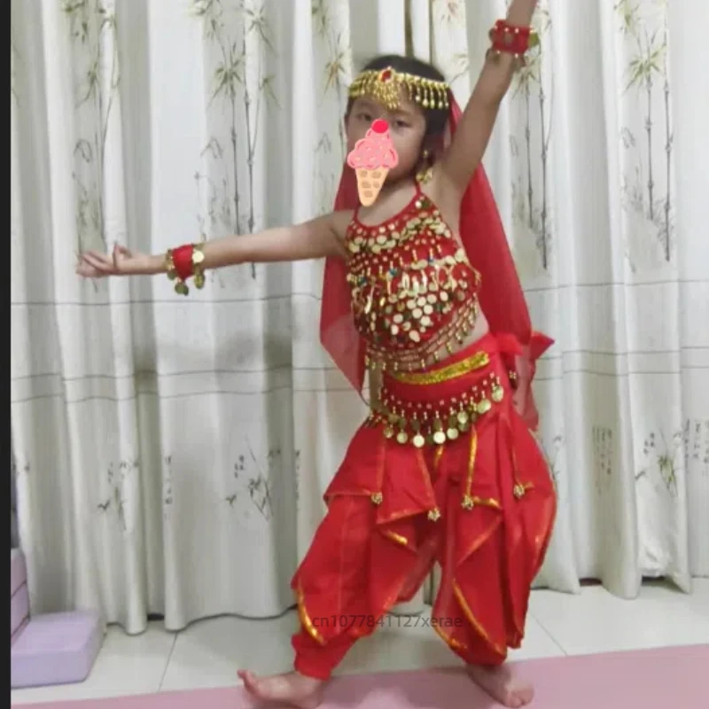 Детский костюм для индийского танца, топ с блестками, комплект вращающихся штанов, детское этническое выступление для танца живота для девочек