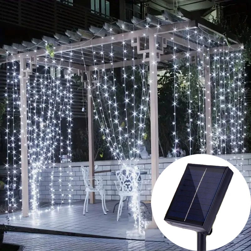 

8 Lighting Modes,Waterfall Fairy Light 3M Christmas LED Solar Curtain Light,Outdoor Garden Wedding Patio Fence Gazebo Wall Decor