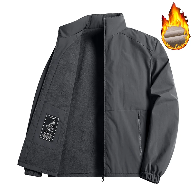 Herren Winterjacke mit Fleece-Futter, dicker Stoff, Stehkragen, einfarbig, für Business und Freizeit, winddicht, mit Reißverschluss, warme Herrenoberbekleidung. – Detail 1