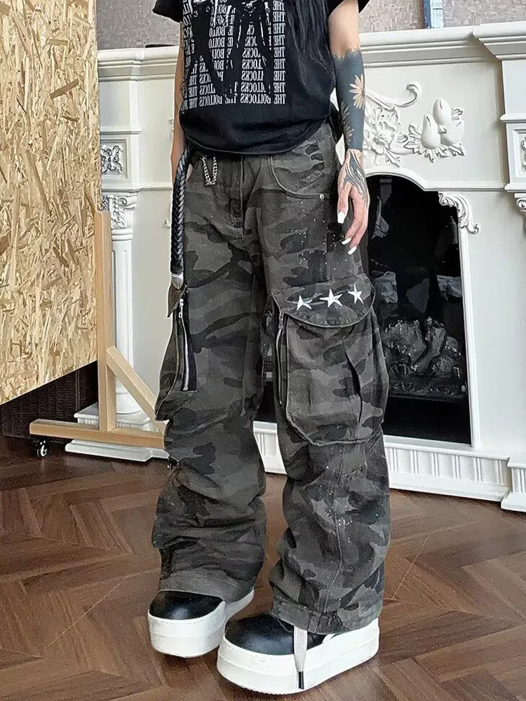 Women's Camouflage Green Denim Jeans Y2K American Streetwear Harajuku 2000S Hip Hop Loose Wide Leg Long Pants Clothing 2026 New