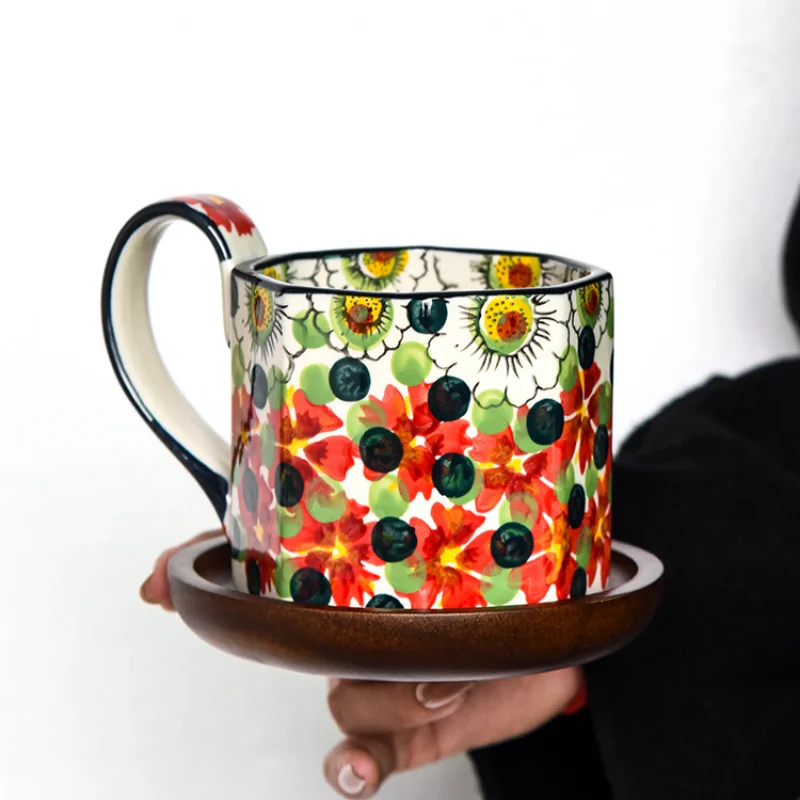 Vintage Hand Painted Red Berry Mug Ceramic Underglaze Painted Coffee Mug Water Cup Paired with Wooden Plates