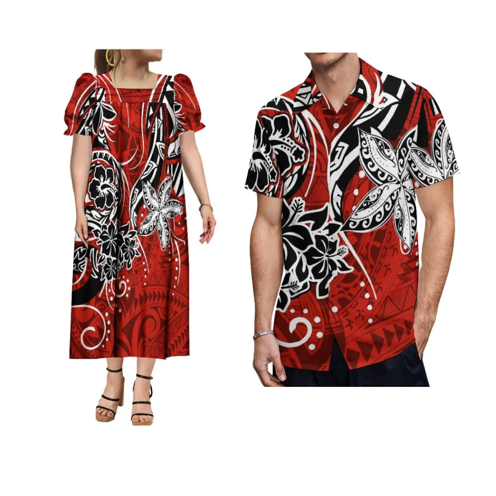 Imposta inclusa Abito Mumu a maniche corte retrò con maniche a sbuffo allentate Abito personalizzato da donna polinesiano Camicia da uomo Abiti da coppia