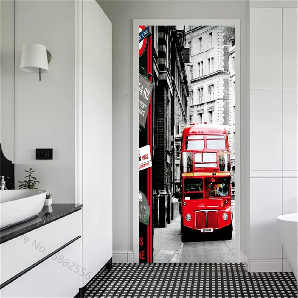 Red Bus Door Sticker Wall Decals Mural Wallpaper Waterproof Peel and Stick Vinyl Cat Flamingo Door Mural Decal Office Home Decor