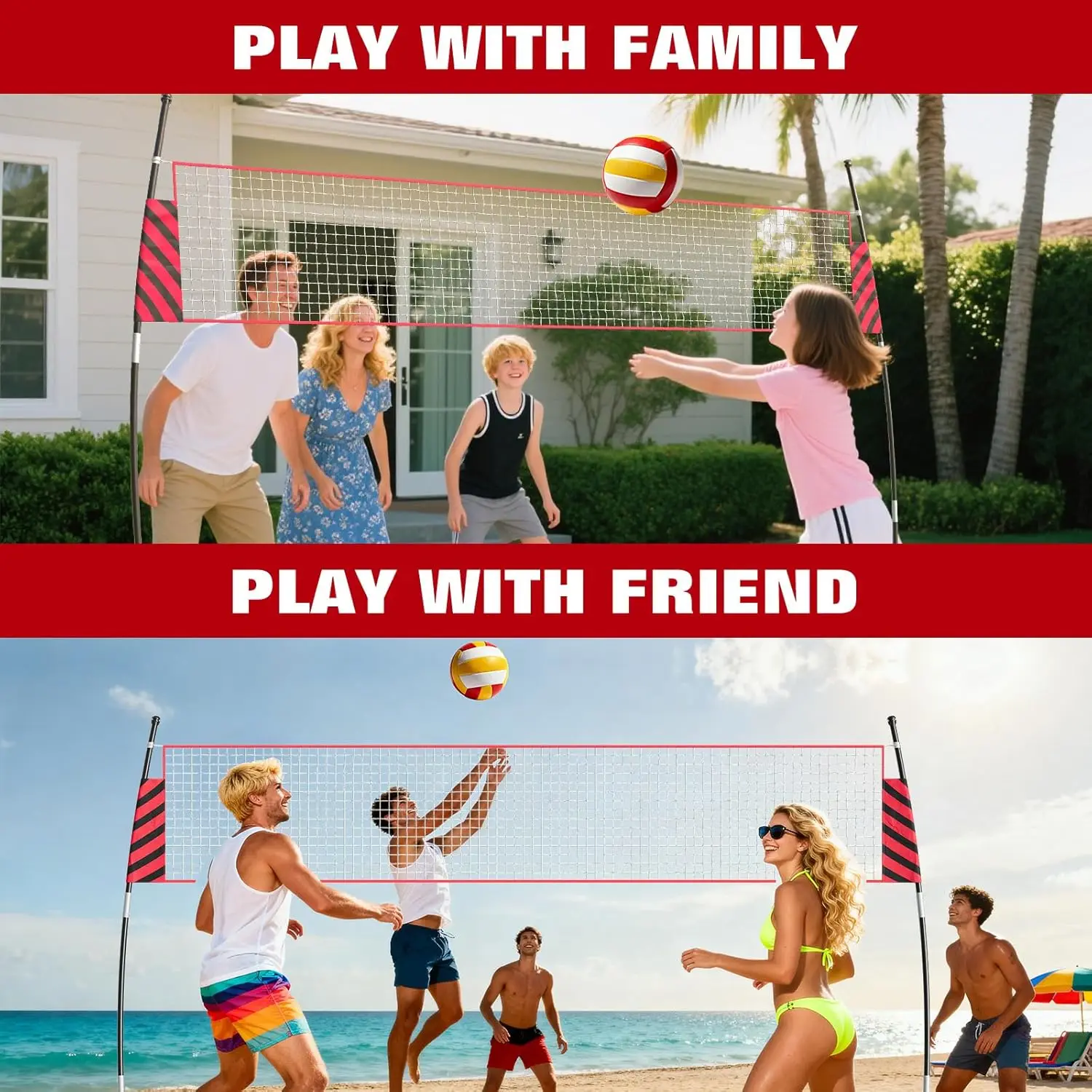 ตาข่ายวอลเลย์บอลปรับระดับได้ 12 ฟุต แบบพกพา ติดตั้งง่าย โครงไฟเบอร์กลาส ความสูงตามมาตรฐาน เหมาะสำหรับสนามหลังบ้าน ชายหาด และในร่ม