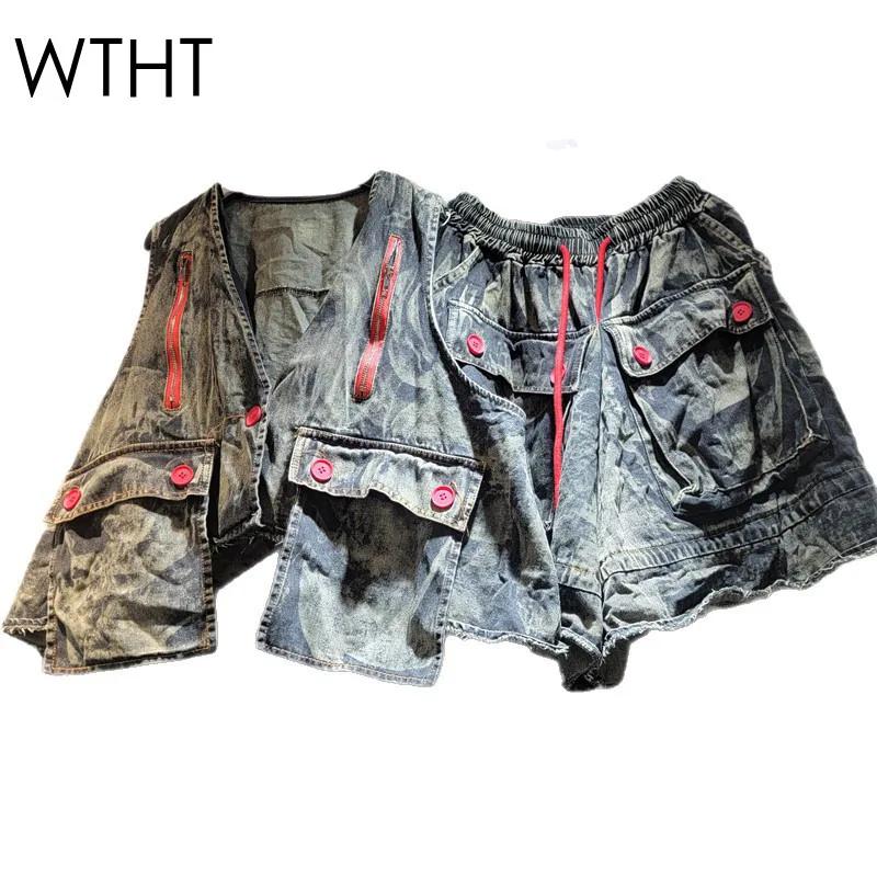 

WTHT Fashion Women's Wash Hole Burr Edge V-neck Denim Vest 2025 Summer Elastic High Waist Wide Leg Shorts Female 1LS2307