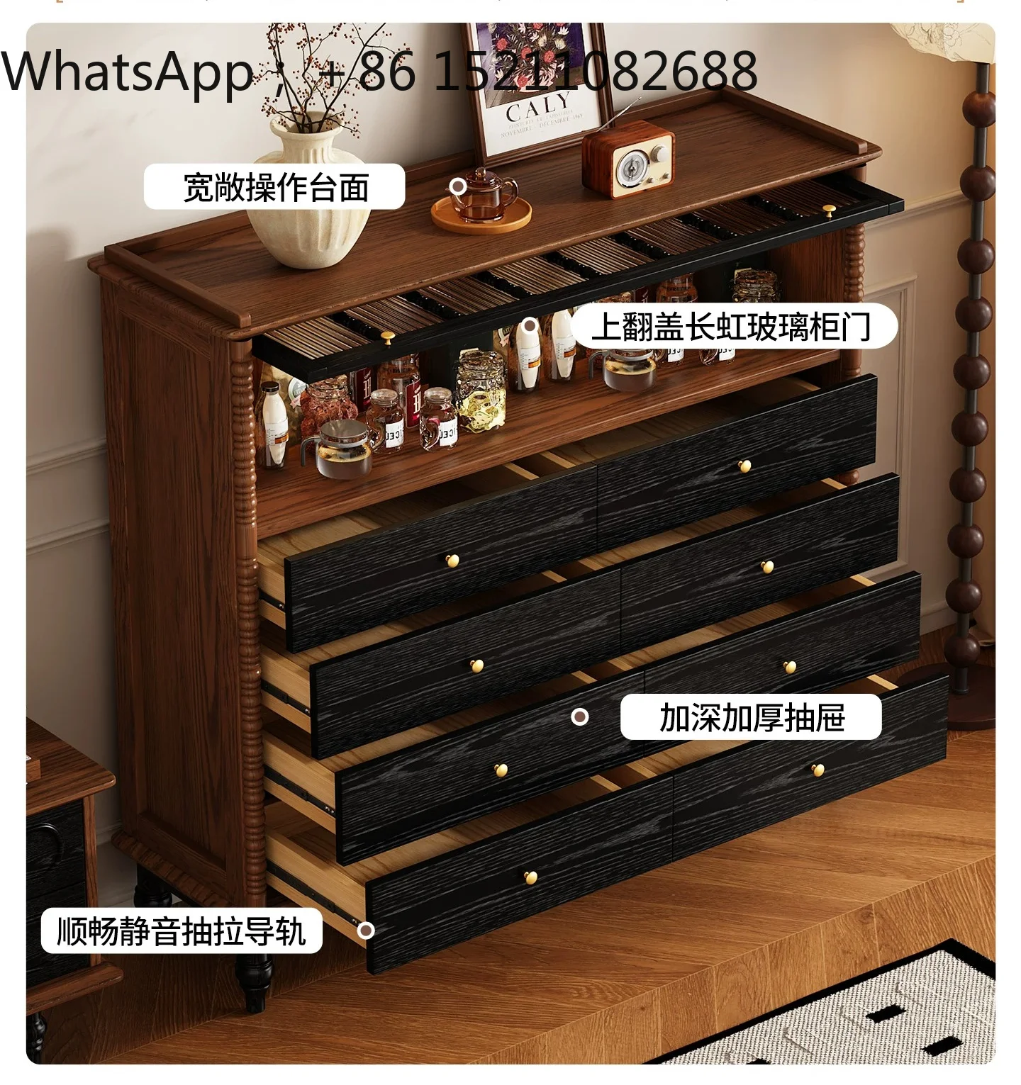 SCY dining side cabinet solid wood retro narrow bucket cabinet bedroom living room wall TV cabinet sofa shelf
