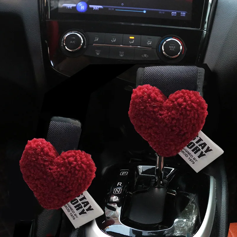 1pc Cute Retro Red Heart Car Gear Shift Cover Mesh Auto Shifter Hand Brake Case For Women Car Accessories Interior Decoration