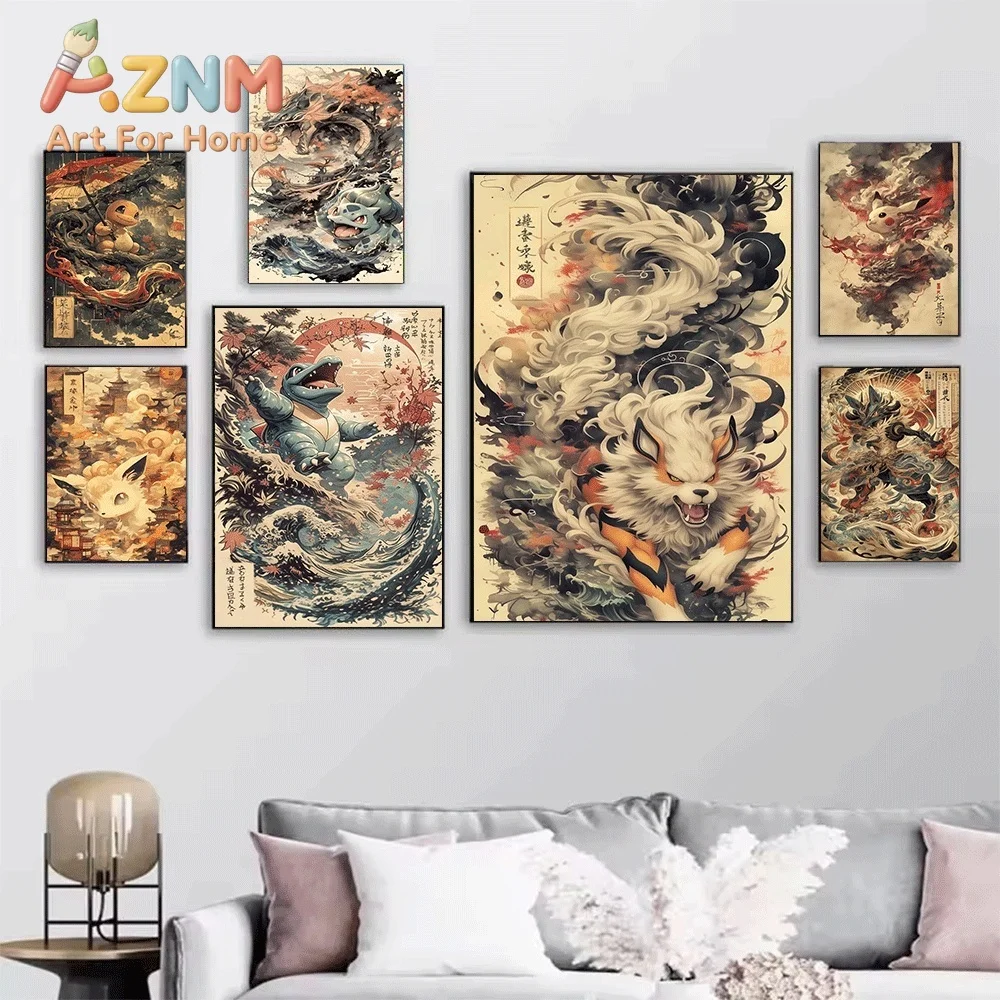 Pokemon Anime Canvas Wall Art No Frame Ukiyo-e Wave Style Squirtle Charizard Arcanine Print Poster for Bedroom Living Room Hom