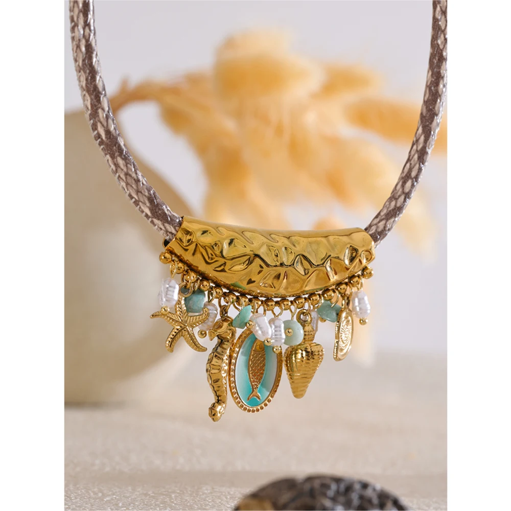 Yhpup Exclusive Design Handmade Jewelry Ocean Style Pearls Starfish Shell Fish Drop Necklace Exquisite Stainless Steel Jewelry