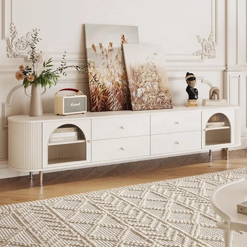 

-Solid Wood Tv Cabinet Cream Style Tea Table Combination Light Luxury Living Room Senior Sense Tv Cabinet