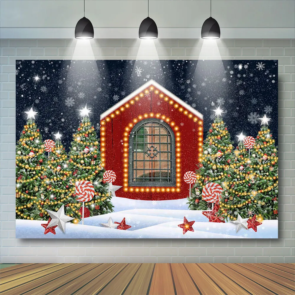 Christmas Eve Red Candy House พื้นหลังสตูดิโอ Photobooth Xmas Tree Snowflake Lollipop Glitter การถ่ายภาพฉากหลังเด็ก Photo