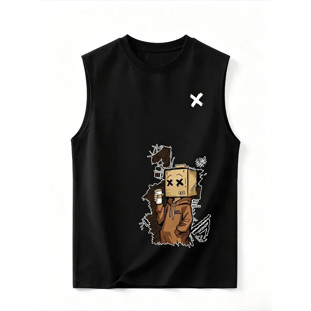 Cartoon Box Head Coffee Graffiti Print Men Sleeveless T Shirt Hip Hop Streetwear Casual Summer Tank Top Athletic Vest