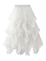 Layered Tulle Long Skirt Fashion High Waist Solid Color Black White Beige Blue Frill Trim Ruffle Pleated Skirt For Women
