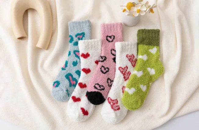 Women Socks Cute Kawaii Women Coral Short Warm Winter Socks For Ladies Socks, Sweet Candy Fleece Heart Thick Fluffy Terry Cotton