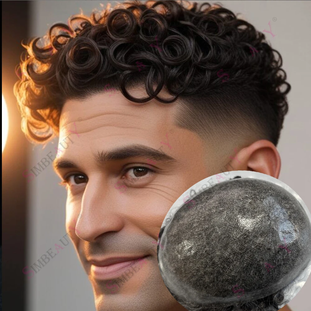 

24 мм натуральный вьющийся парик пепельно-коричневый мужской капиллярный протез для волос прочный тонкий инъекционный микрокожа человеческие волосы парики система