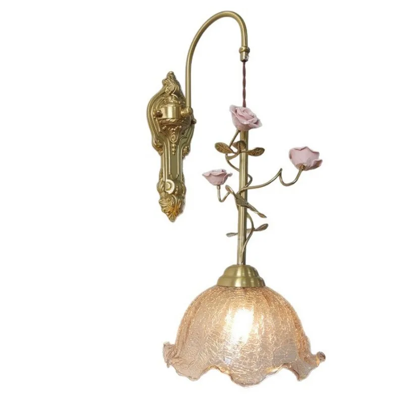 Rose all-copper wall lamp French medieval light luxury high-end atmosphere American retro bedroom bedside decorative wall lamp