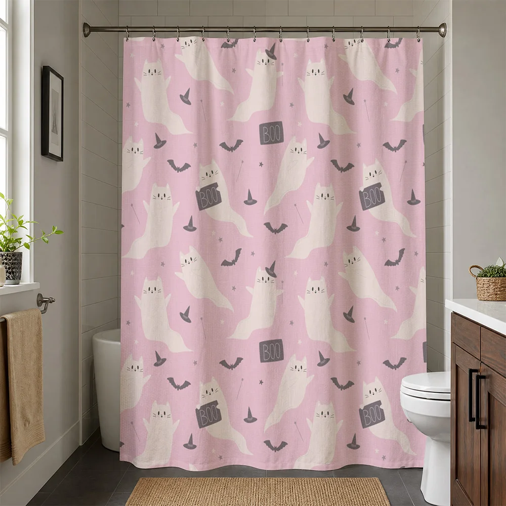 Adorable Pink Halloween Shower Curtain Bathroom Decor Novelty Boo Skeleton Bone Pattern Waterproof Shower Curtain for Home Bath